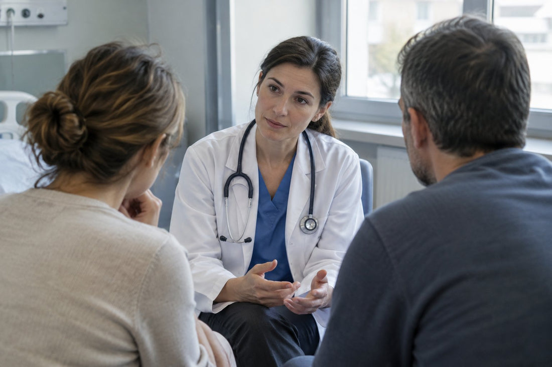 Une médecin parle à deux parents dans une chambre d'hôpital.