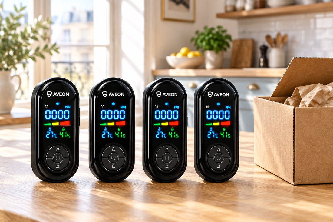 Quatre détecteurs Aveon sur une table de cuisine, à côté de leur carton, écrans à 0 ppm.