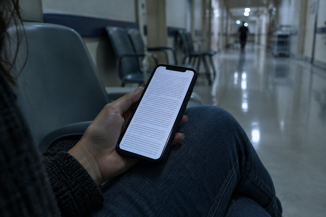 Un téléphone posé sur un genou dans une salle d'attente d'hôpital.