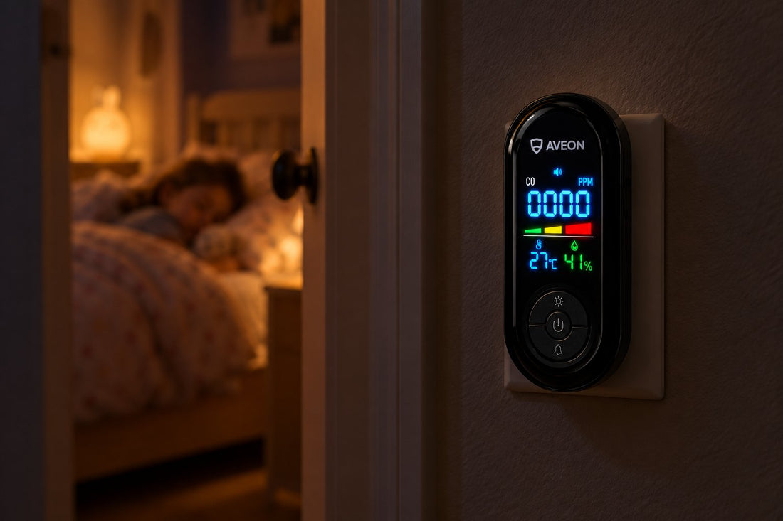 Un détecteur Aveon branché près de la porte d'une chambre d'enfant, la nuit, écran à 0 ppm.