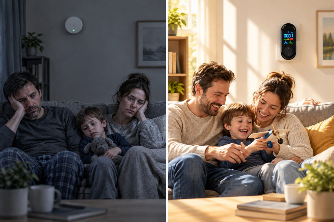 Image en deux parties : à gauche, une famille fatiguée dans un salon terne avec un détecteur classique au voyant vert ; à droite, la même famille souriante dans un salon lumineux, avec un détecteur Aveon qui affiche le taux de CO.