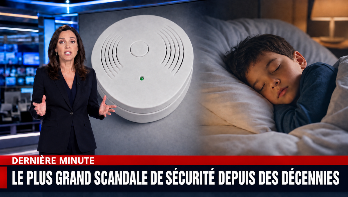 Un détecteur de CO Aveon branché dans le salon, une famille sur le canapé derrière.