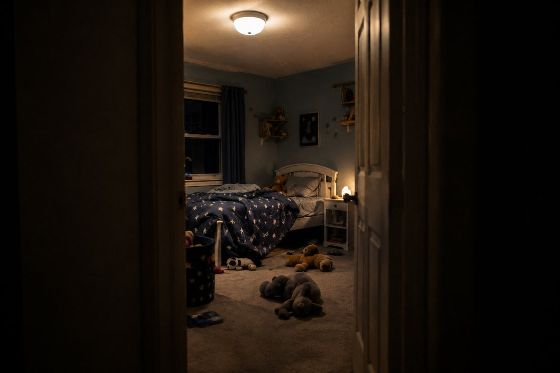 Une chambre d'enfant vue du couloir, la nuit, porte ouverte et lumière allumée.