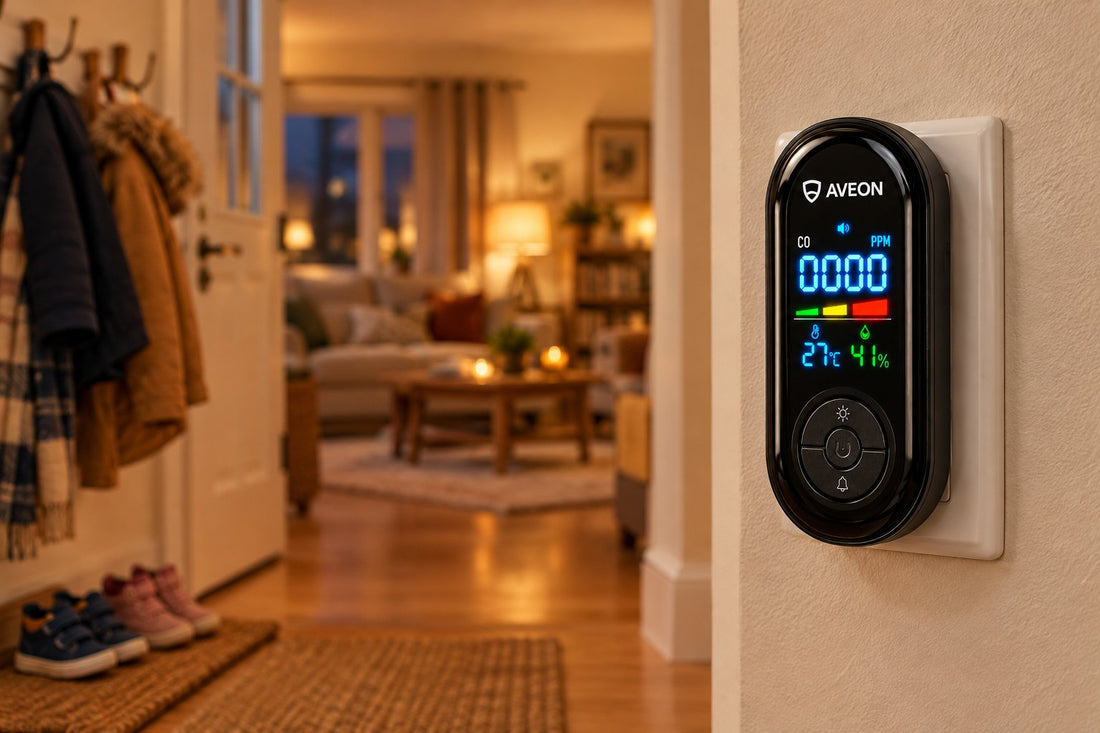 Un détecteur Aveon branché dans le couloir d'une maison, écran à 0 ppm.