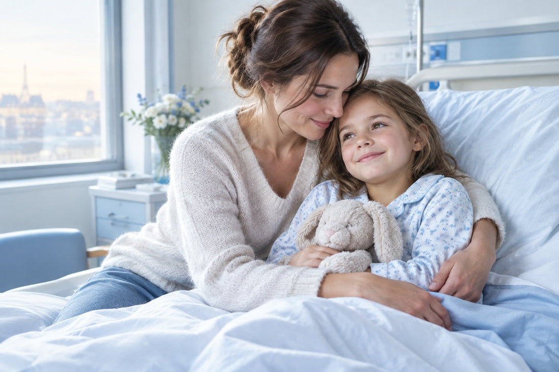 Une mère serre sa fille contre elle dans une chambre d'hôpital.