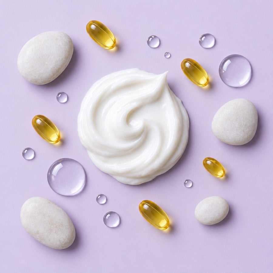 Crème blanche, capsules dorées et gouttes d’eau