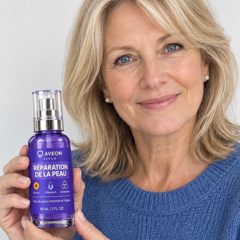 Femme souriante en pull bleu tenant le sérum Aveon