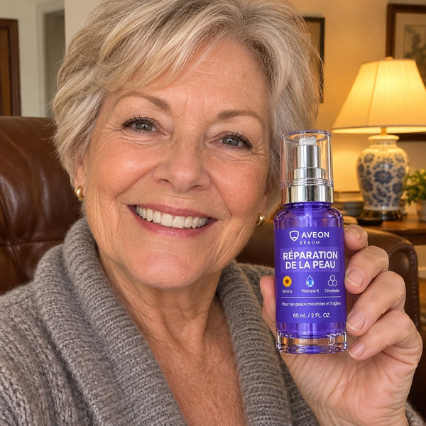 Femme aux cheveux courts en gilet gris tenant le sérum Aveon dans son salon