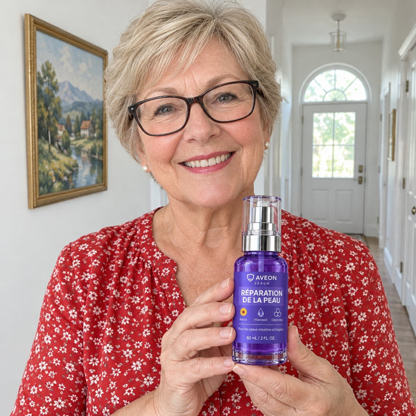 Femme à lunettes en chemisier rouge fleuri tenant le sérum Aveon