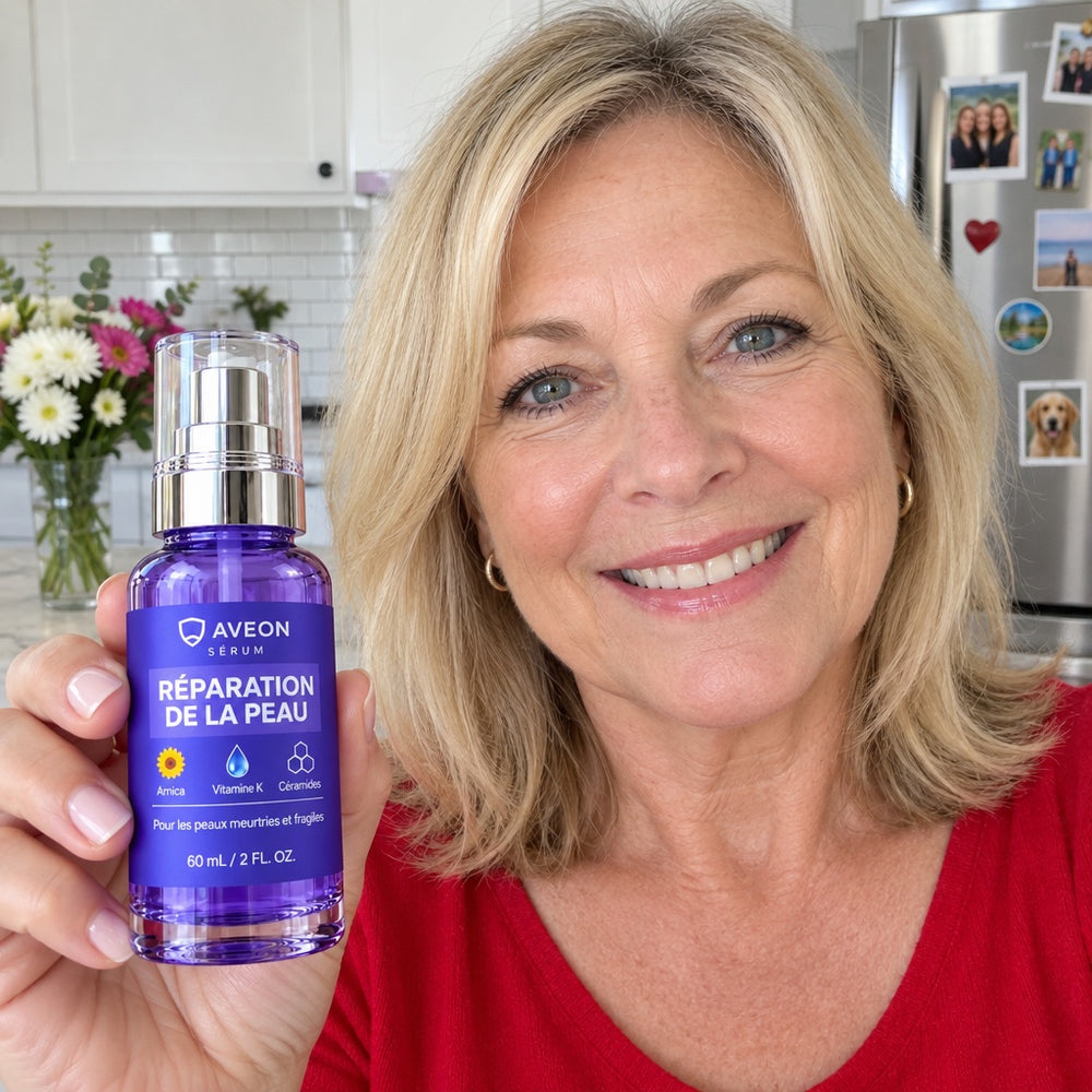 Femme blonde en haut rouge tenant le sérum Aveon dans sa cuisine